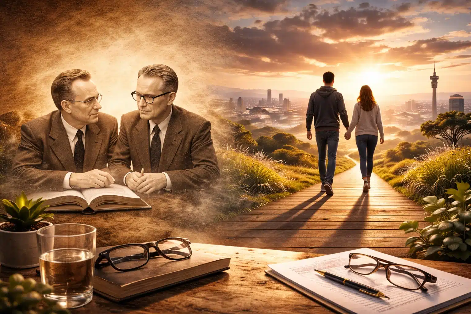 AI-generated image depicting the concept of sponsorship in recovery. On the left the fathers of the concept of sponsorship (Bill Wilson (Bill W.) and Dr Bob Smith) are shown. On the right, we see a couple walking hand-in-hand down a boardwakl. In the background, the Johannesburg skyline is visible, with the sun emerging from behind dark clouds to symbolise hope.