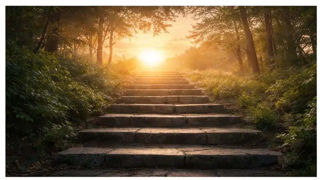 12 stone steps climb through the dark woods up towards a glowing sunrise, representing the 12 steps of addiction recovery programs like AA and NA. 