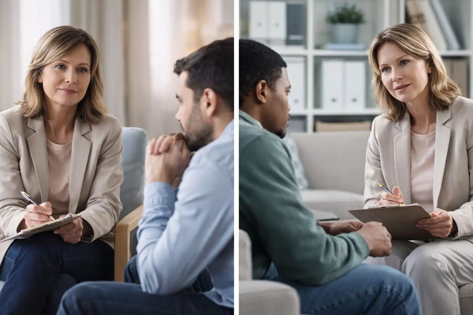 A split image shows the same addiction therapist counselling two different patients in a clinical setting.
