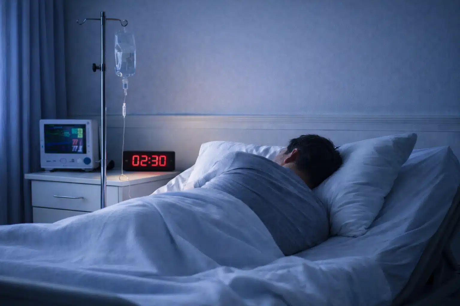 An AI-generated photo shows a man who is experiencing alcohol withdrawal undergoing medical detox treatment. The man is resting in a hospital bed. On the bedside table, an alarm clock is visible, reading 02:30.