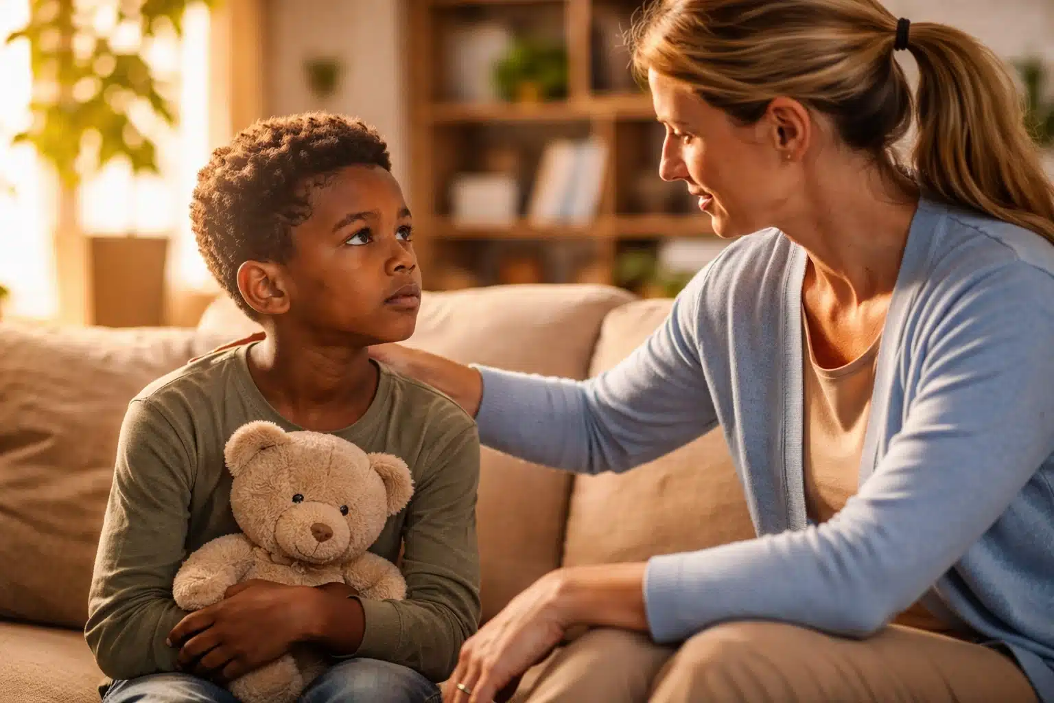 AI-generated image of a counsellor comforting a child whose parent is an alcoholic.