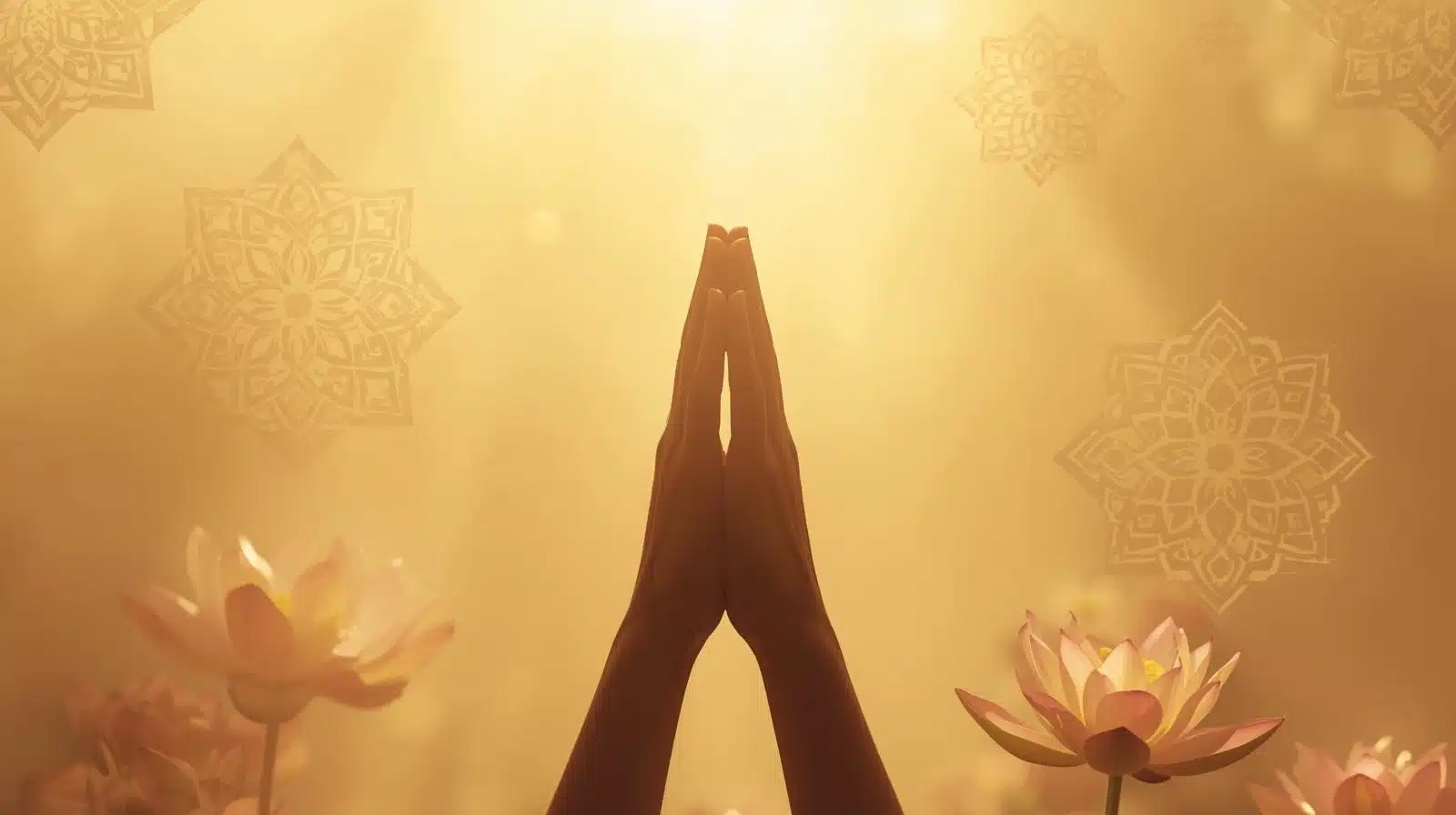 A serene, hopeful spiritual scene showing diverse cultural elements — Islamic geometric patterns, a Hindu lotus flower, soft golden light, hands reaching upward.