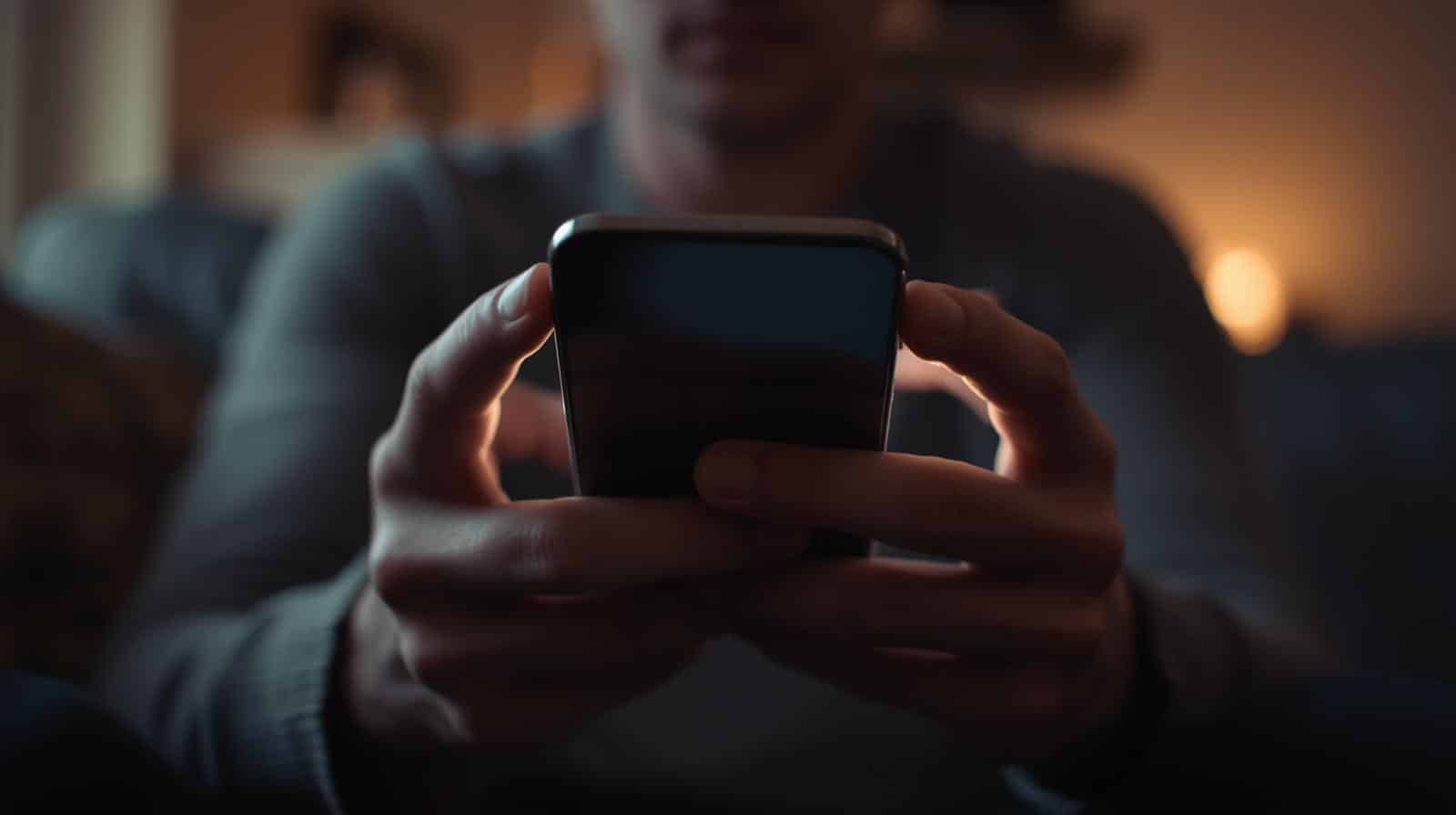 A close-up of a person's hands holding a smartphone, with a blurred background suggesting a domestic setting. The mood is quiet and introspective.