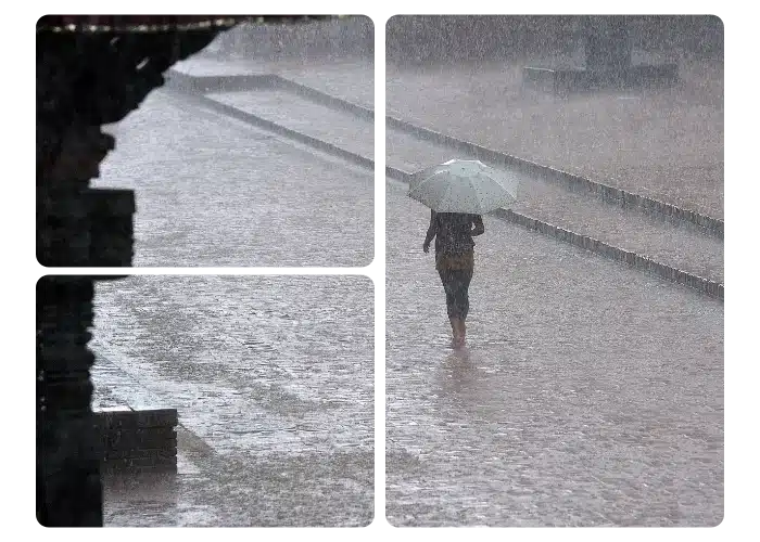 A person walks in the rain, covered by an umbrella.