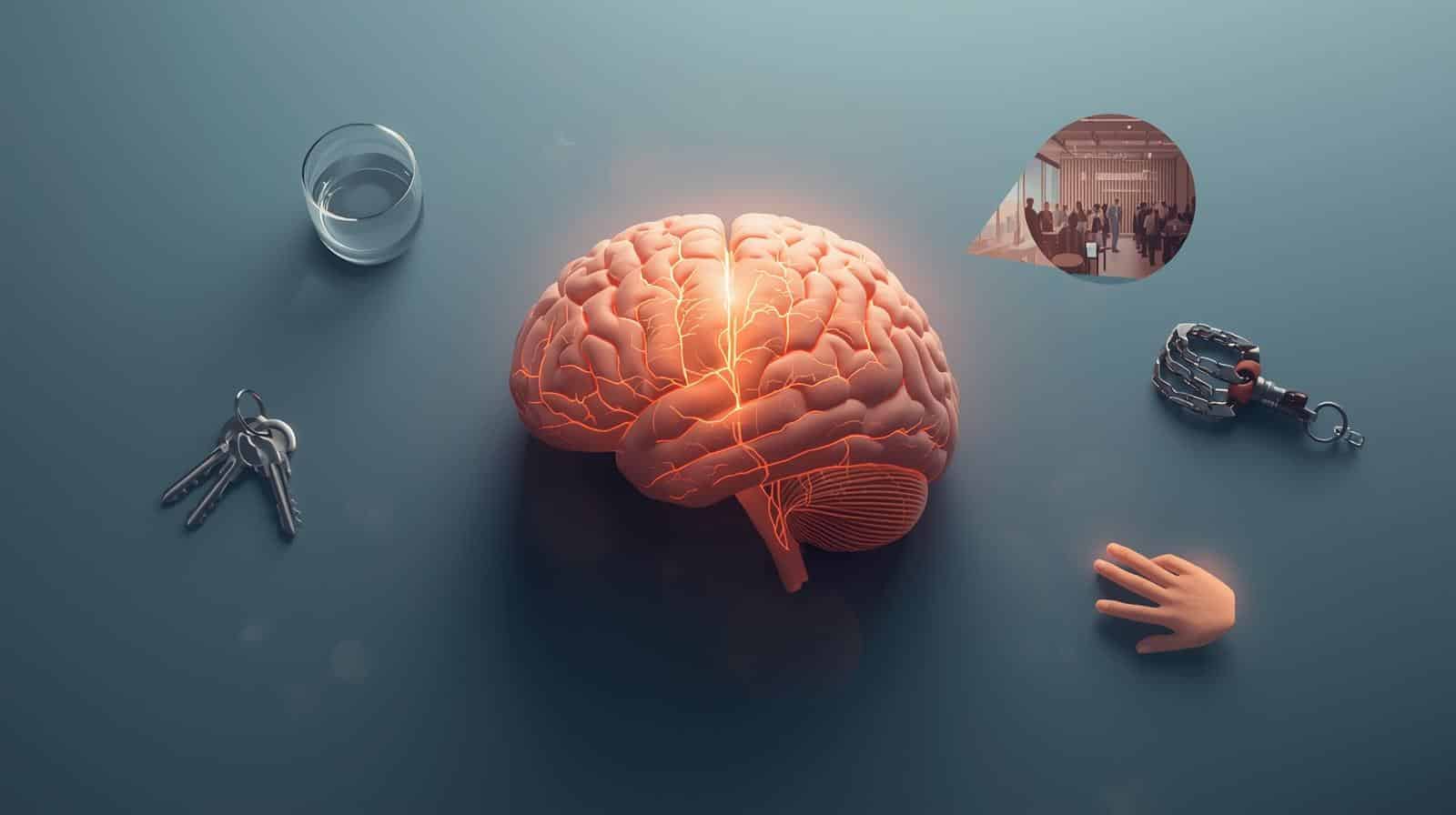 A calm, clinical yet warm illustration of a human brain with softly glowing neural pathways lighting up in response to environmental cues. Surrounding the brain are subtle symbolic triggers: a half-empty glass, a set of keys, a crowded room, a hand reaching out.