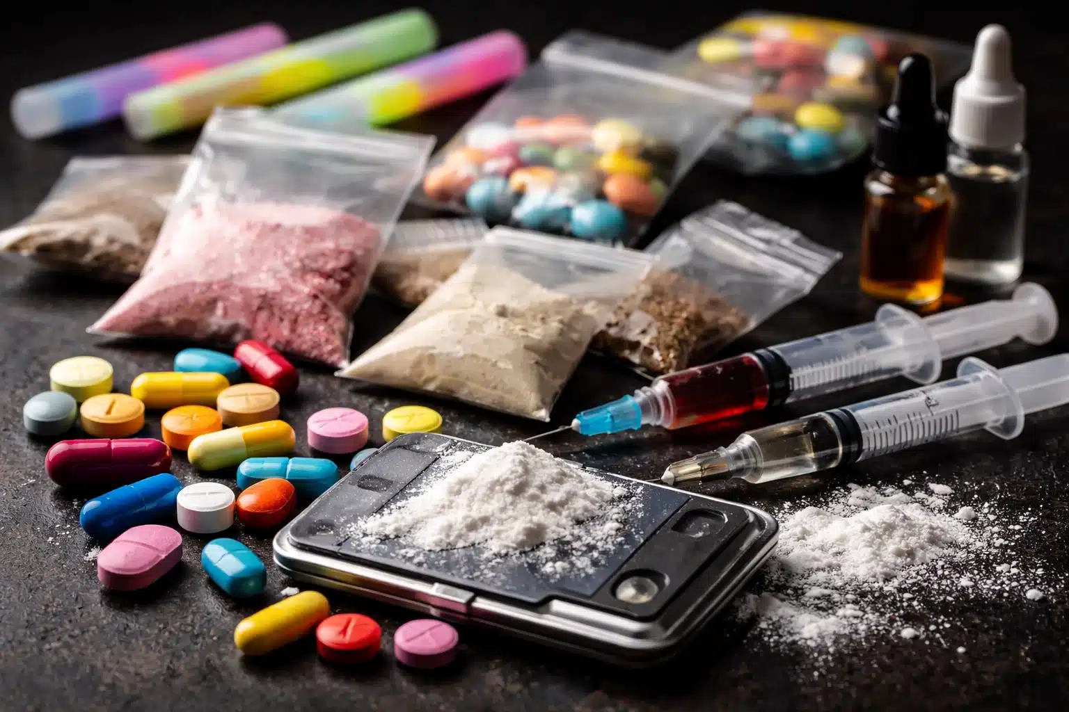 AI-generated image of a collection of novel psychoactive substances (NPS), also known as "designer drugs". The image shows various colourful pills, capsules, powders, and syringes with hypodermic needles.
