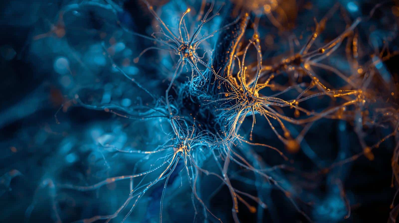 Abstract macro photography of neural network or synaptic connections, deep blue and gold tones, softly lit, scientific but visually striking.