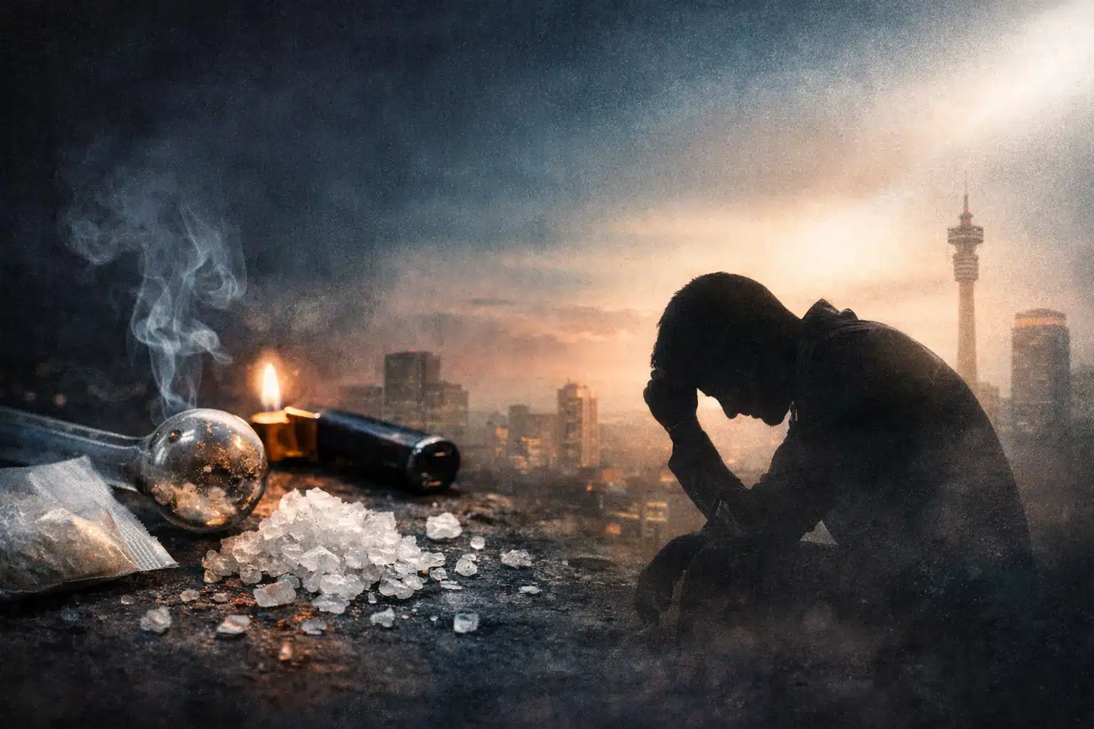 AI-generated image of a silhouette of a man sitting with his head in his hands. To his left, tik (crystal meth) drug and paraphenalia can be seen. Behind him, the Johannesburg skyline is visible.