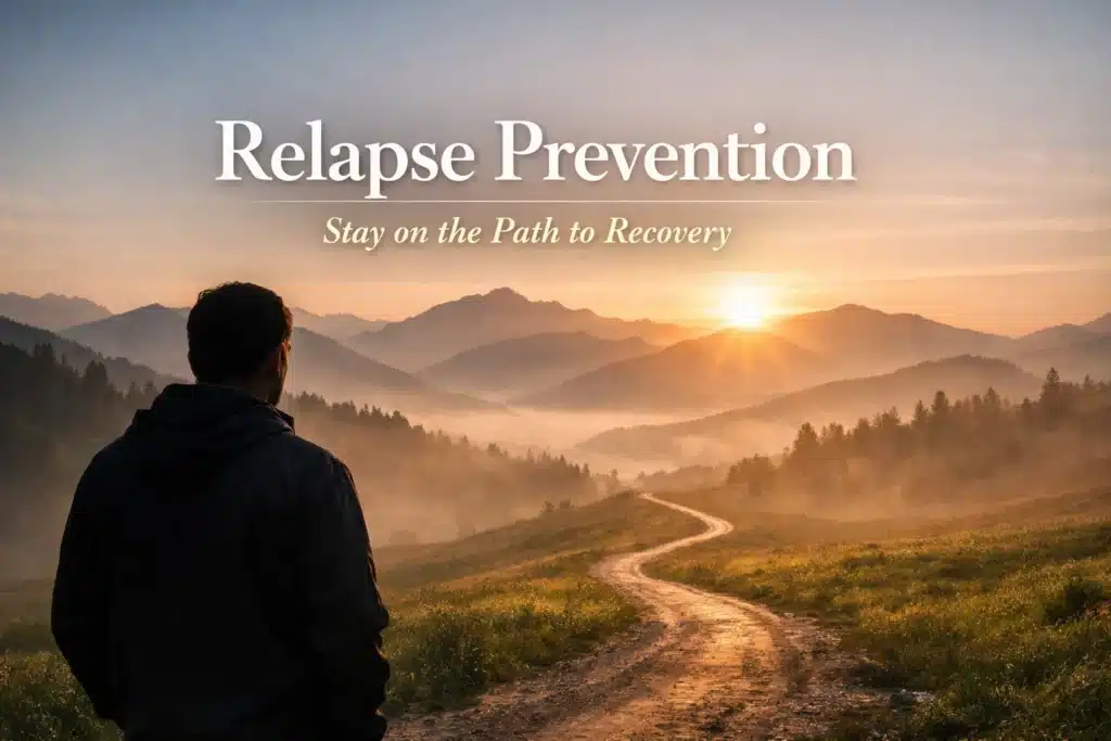 AI-generated image showing a silhouette of a man looking at a beautiful vista of a sunrise over forested hills and mountains. Before him is a long and winding road. Above the mountain, a caption reads "Relapse prevention" and "Stay on the path to recovery"