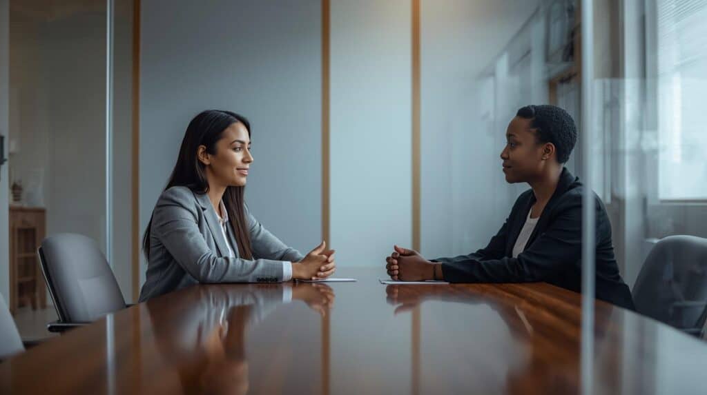 A professional office environment in soft, natural light. A manager and employee sit across from each other at a table in a private meeting room, engaged in a calm, supportive conversation. The mood is serious but warm. 