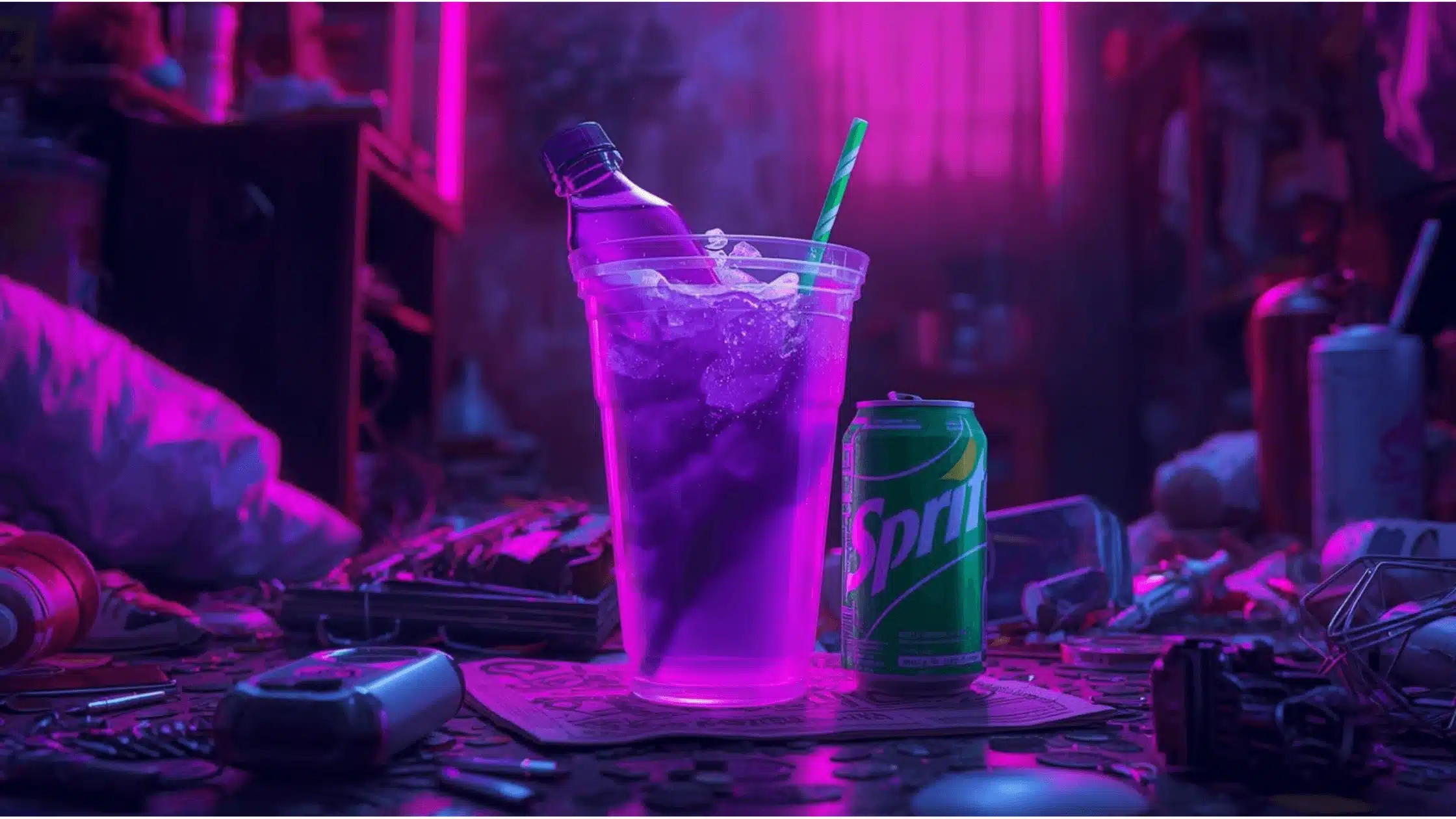 AI-generated image of a clear cup containing lean "purple drank", an intoxicating drink made by mixing prescription codeine syrup with sprite.