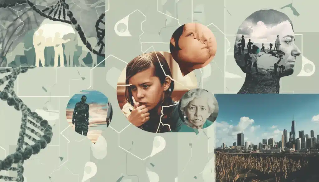 An abstract collage representing various addiction risk factors. Risk factors for addiction include genetics, environment, trauma, mental health conditions, and age of first use.