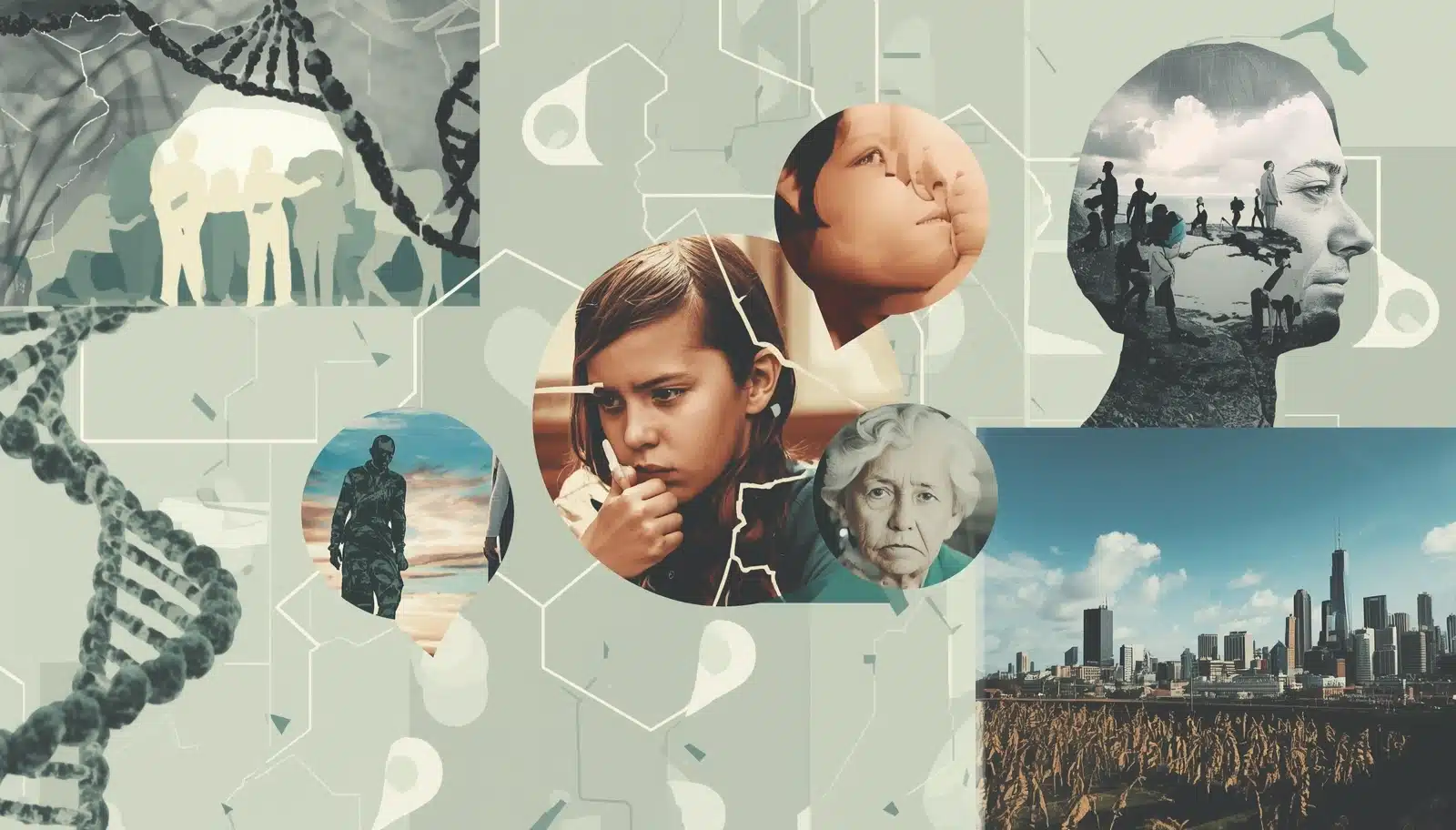 An abstract collage representing various addiction risk factors. Risk factors for addiction include genetics, environment, trauma, mental health conditions, and age of first use.