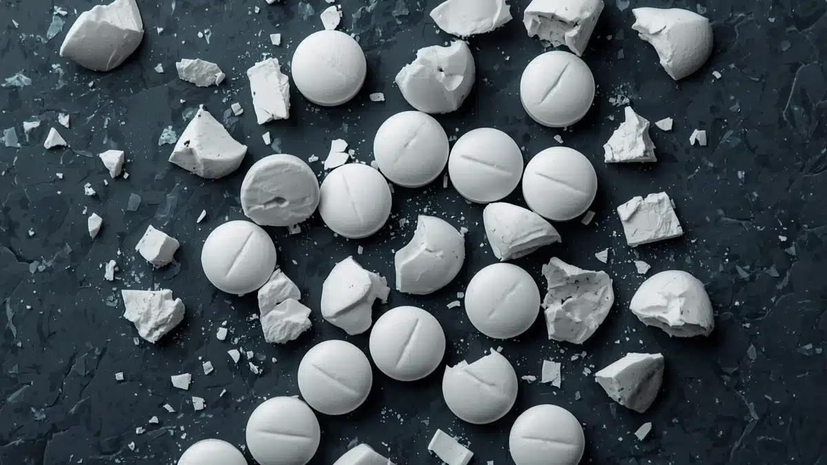 An image shows broken and whole round white tablets scattered on dark clinical surfaces with those subtle blue-grey molecular structure overlays in the background.