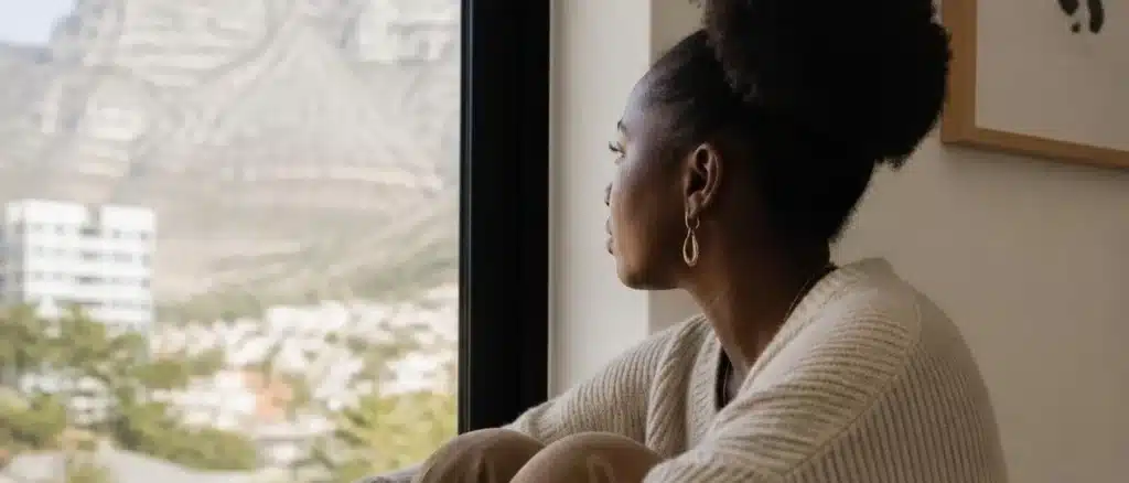 Contemplative photo of a woman sitting alone by a window in natural light, looking out. Neutral, thoughtful mood. 
