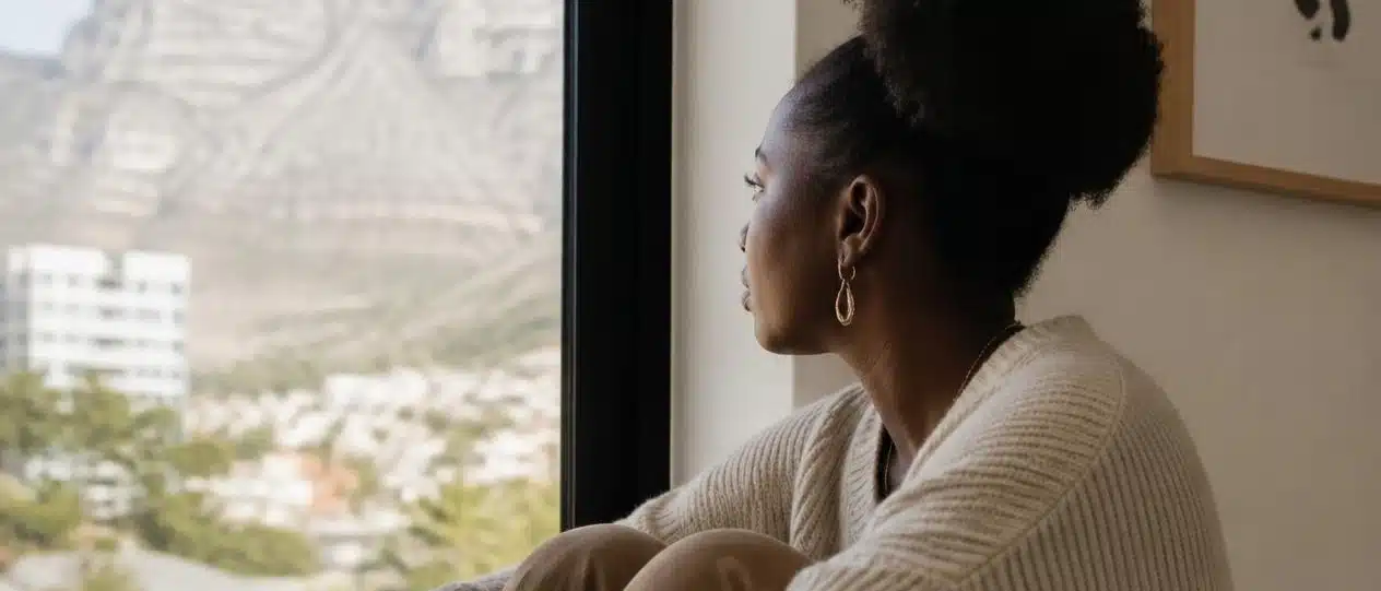 Contemplative photo of a woman sitting alone by a window in natural light, looking out. Neutral, thoughtful mood.
