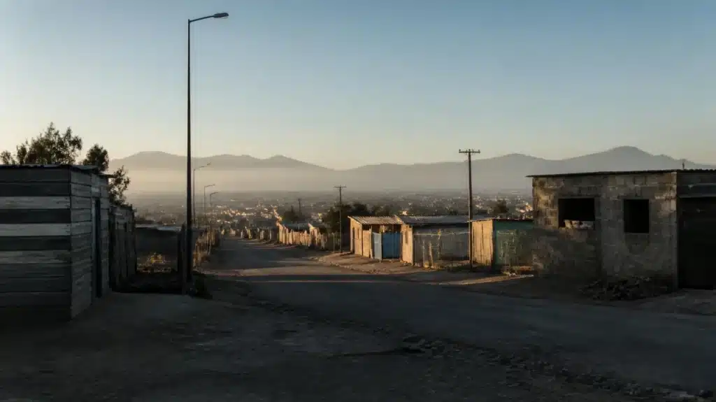 Dusty rural road with simple houses, distant mountains and early morning light.